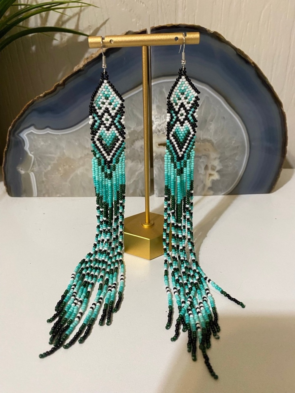 Handmade Beaded Fringe Earrings - Turquoise & Black